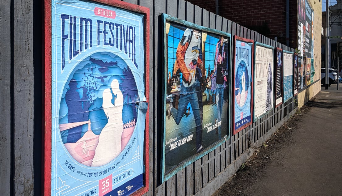 Film festival posters displayed a Melbourne street.