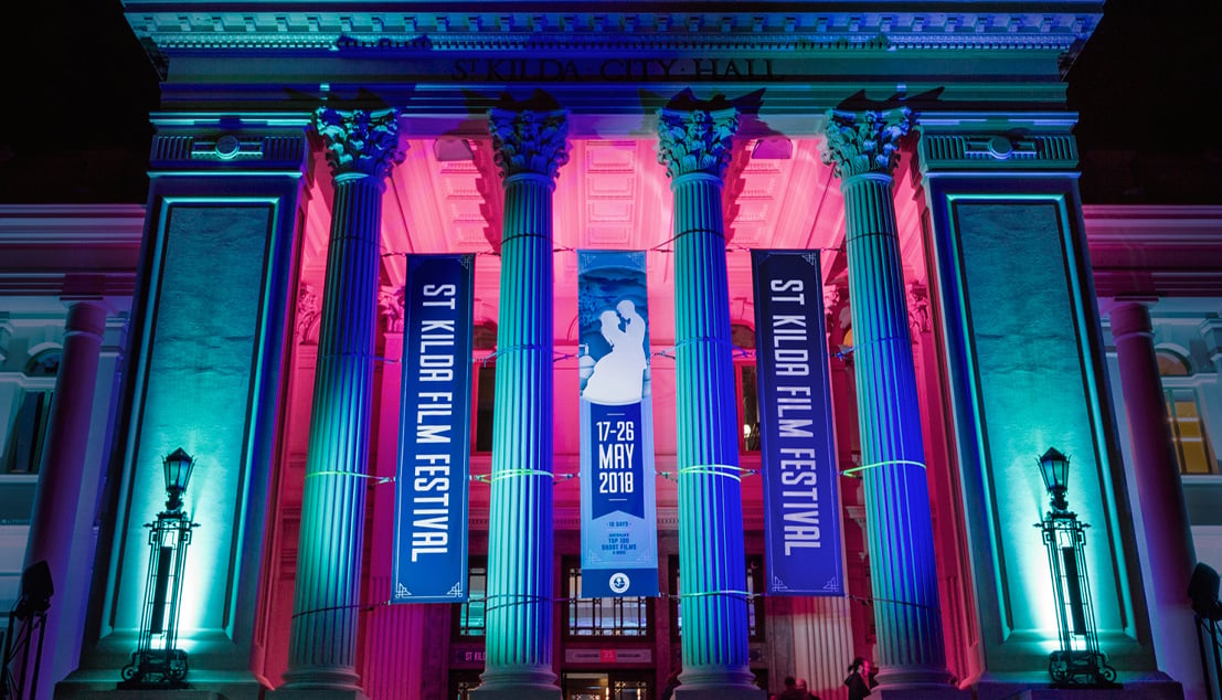 St Kilda town hall lit up in celebration of the festival