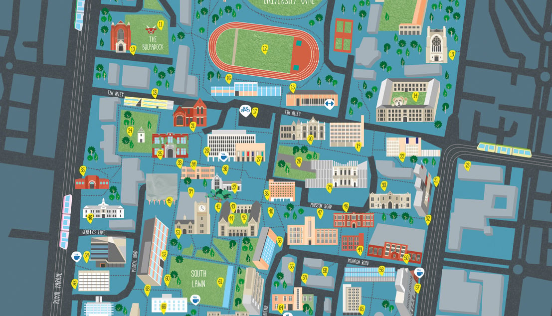 Section of the map illustration, displaying the Parkville campus