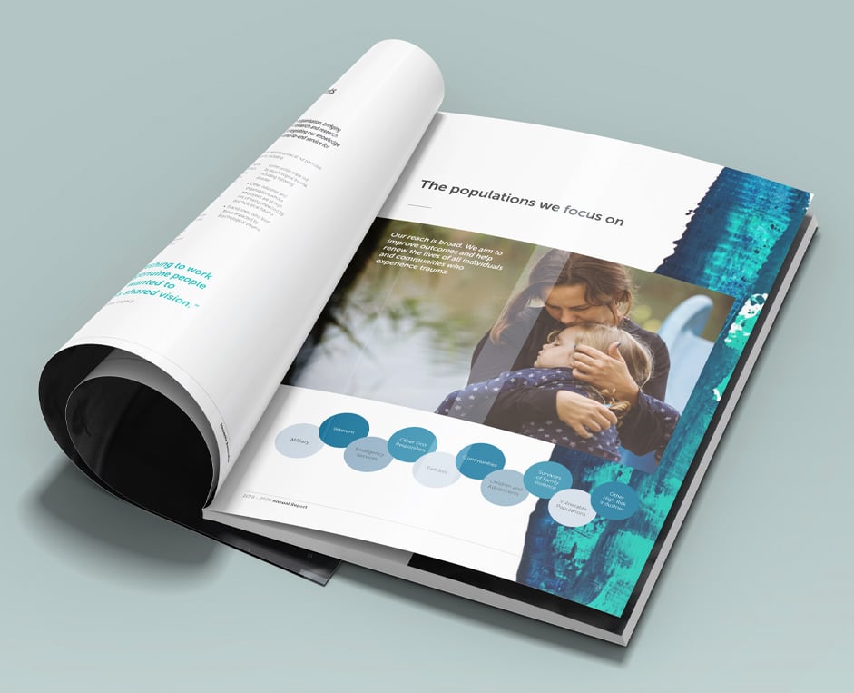 Open brochure displays page layouts with new brand elements and imagery.