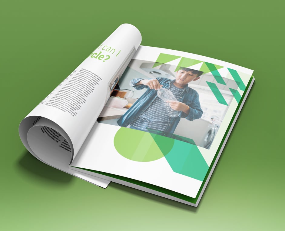 Open brochure shows brand elements and imagery.