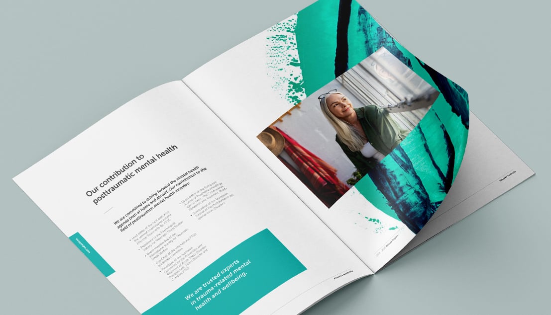 Open brochure displays page layouts with new brand elements and imagery.