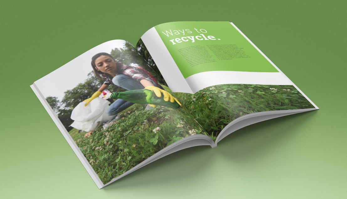 Open brochure shows brand elements and imagery.