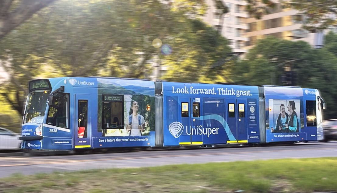 The UniSuper tram travels past